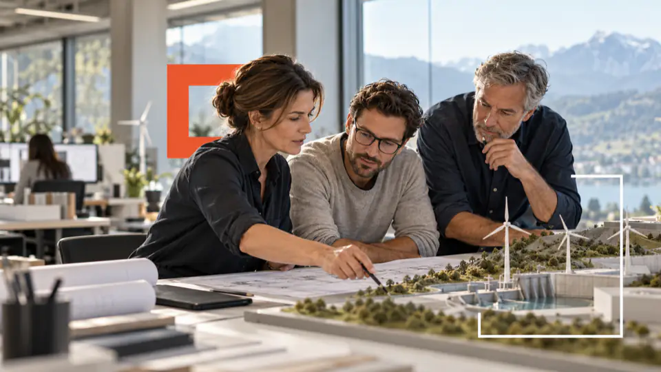 Un team di progetto discute di un modello di infrastruttura energetica.