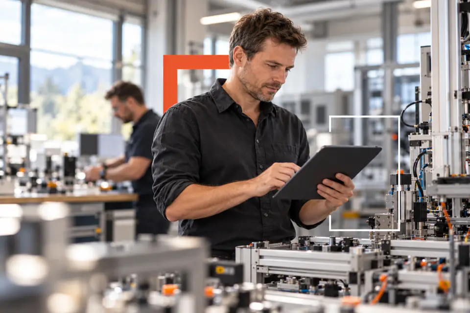Un ingénieur contrôle un banc d'essai d'automatisation à l'aide d'une tablette.