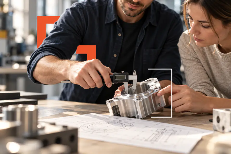 Specialisti controllano un componente lavorato sulla base di un disegno tecnico.