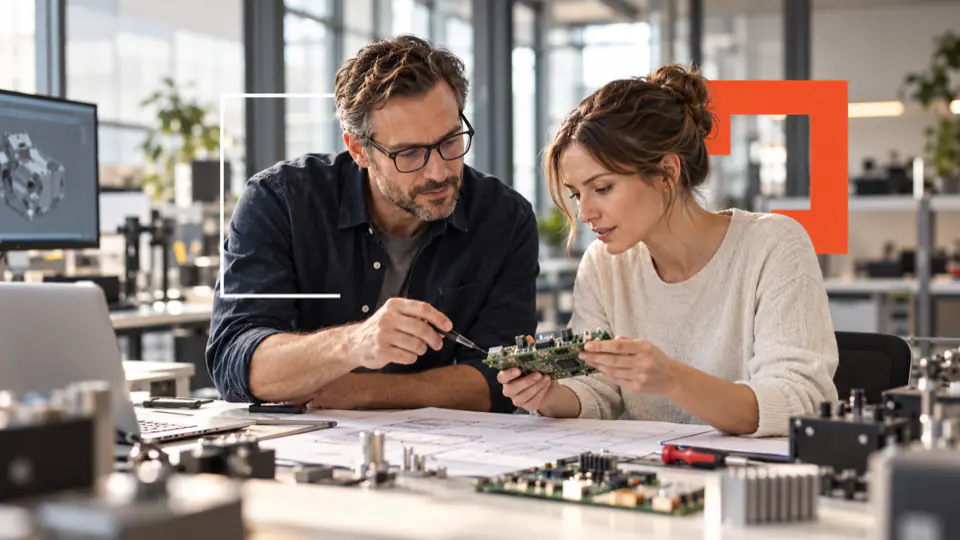 Two specialists discuss an electronics prototype at a workbench.